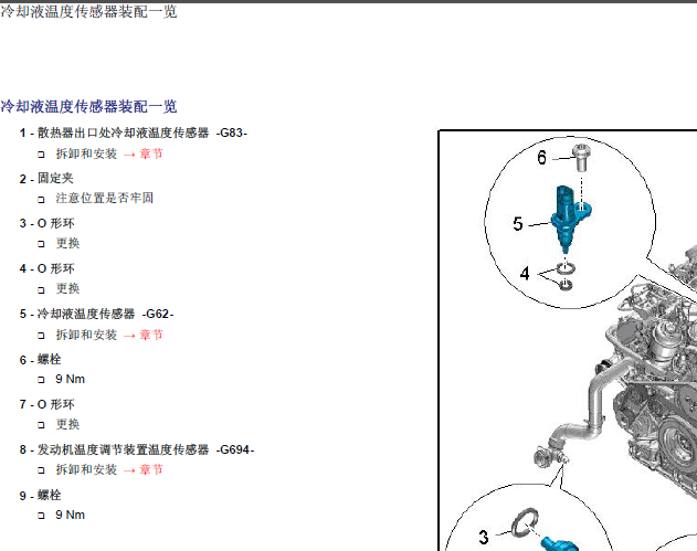 13年大众途锐 冷却液温度传感器装配一览