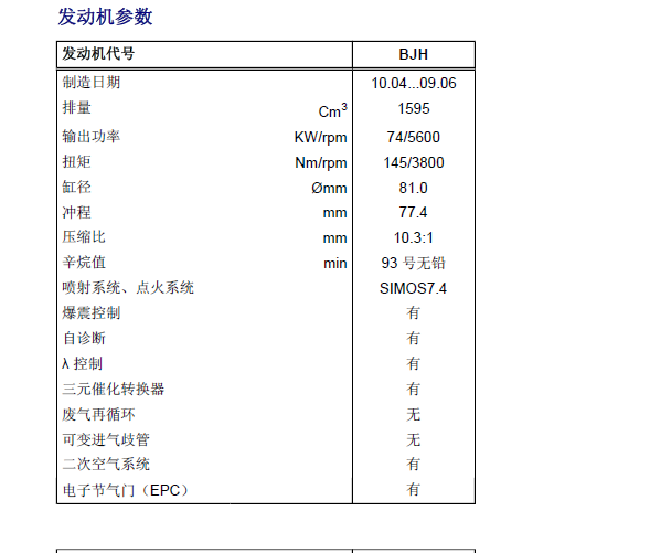 大众宝来 BJH发动机数据