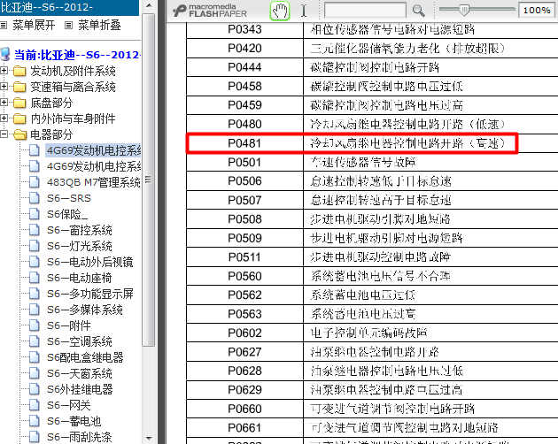 12年比亚迪S6 P0481故障码说明