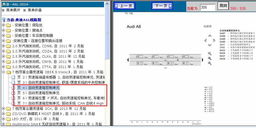 14年A6L换挡模块与变速箱之间关系电路图