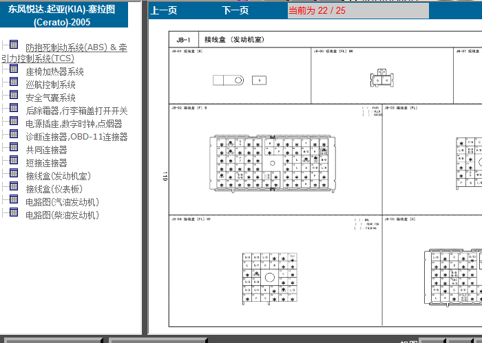 05年起亚赛拉图 发动机室接线盒针脚图