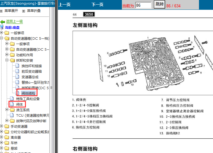 07年双龙享御 变速箱阀体资料