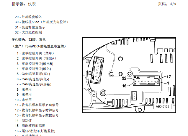03年奥迪A6仪表针脚定义