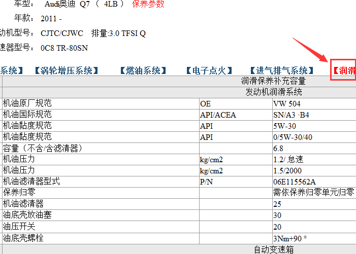 奥迪Q7 CJT发动机机油参数