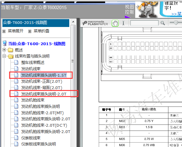 15年众泰T600 发动机针脚资料