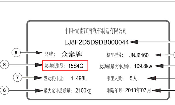 14年众泰T600  15S4G发动机型号