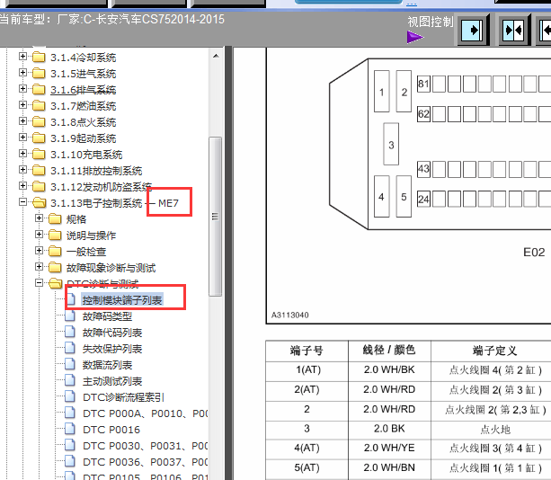 14年长安 CS75发动机电脑针脚图