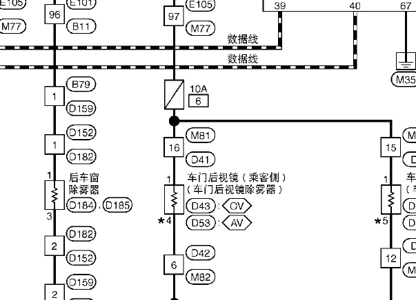 2012年日产尼桑奇骏后视镜加热除霜电路图