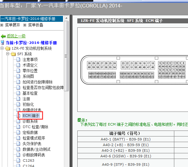 2014年丰田卡罗拉1ZR发动机针脚