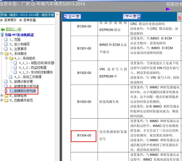 2015年奇瑞瑞虎5  B1304故障码资料