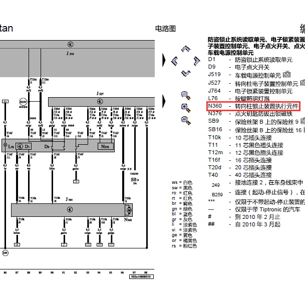10年迈腾转向锁线路图