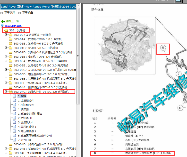 2016年路虎揽胜3.0汽油机 燃油温度传感器位置