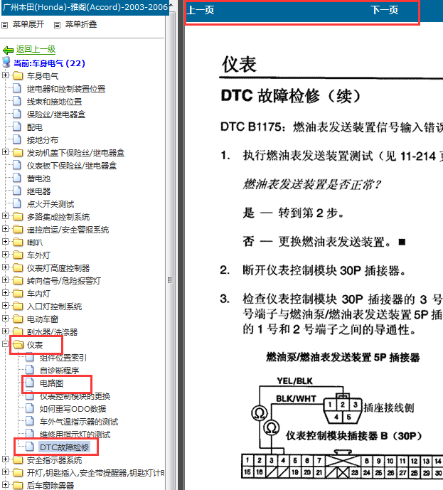 2003-2007年本田雅阁仪表针脚图