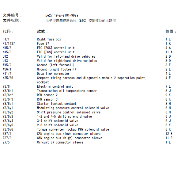 01年奔驰S280变速箱线路图