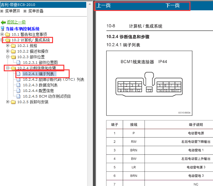 2010年吉利帝豪EC8车身控制模块针脚和定义