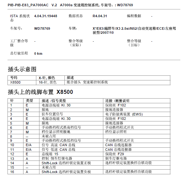 07年宝马X3变速箱针脚定义