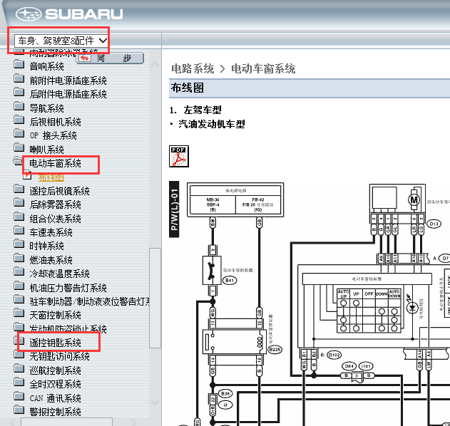 11年斯巴鲁森林人车窗及门锁线路图