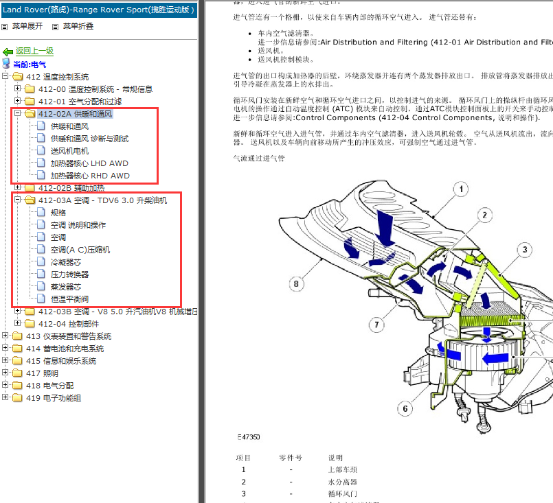 2012-2013年路虎揽胜运动版供暖和通风系统资料
