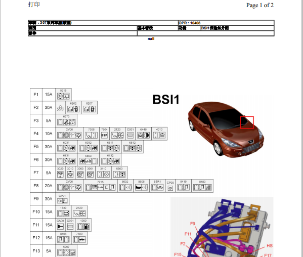 2005年标致307保险盒资料