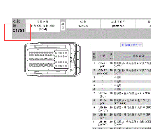2017年福特福睿斯发动机针脚