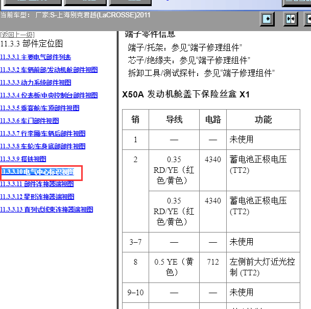 11年别克君越 发动机舱保险盒针脚图