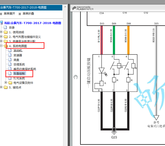 2017年众泰T700车身电路图
