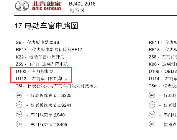 16年北汽BJ40L左前门和车身电脑的电路图