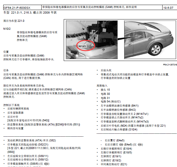 07年奔驰s350后SAM位置图