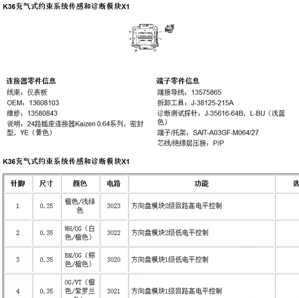 16年别克君越气囊系统针脚