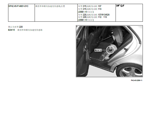 2001年奔驰S280B24/15旋转速度和横向加速度传感器位置