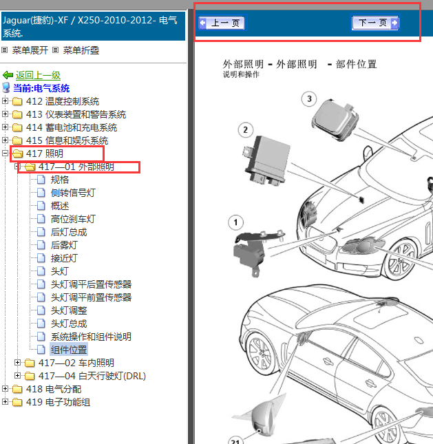2010-2012年捷豹XF外部照明维修手册和位置