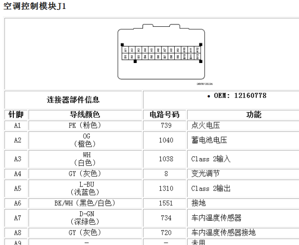 2009年别克君越空调面板针脚定义
