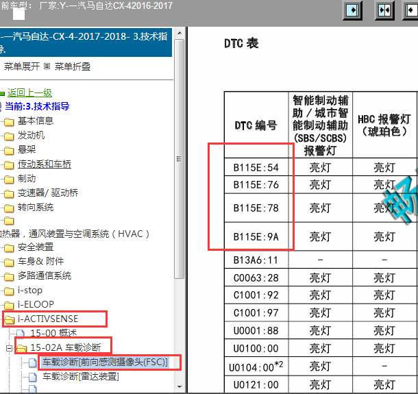 2017-2018年CX-4向前感知摄像机模块报故障码B115E