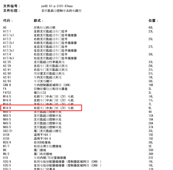 2007年ML350右后门锁块电路图