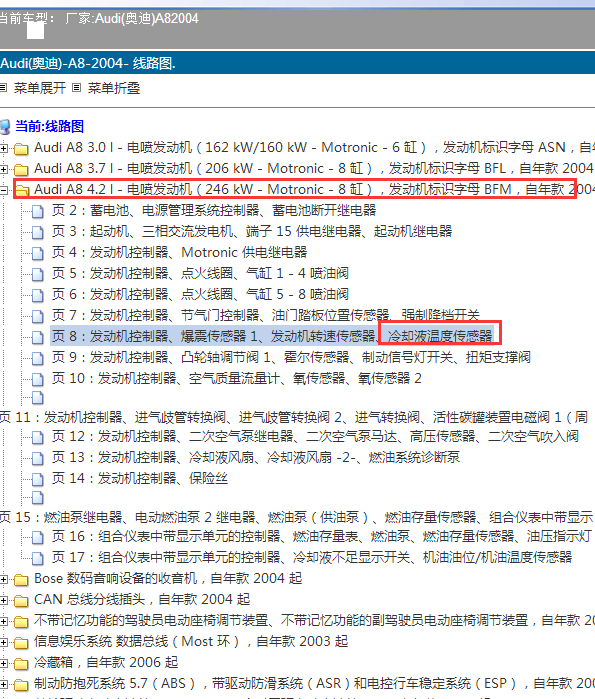2004年奥迪A8冷却液温度传感器线路图