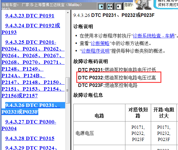2013年雪佛兰迈锐宝燃油泵控制电路电压过高