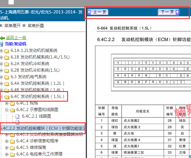 2013-2014年五菱宏光S发动机针脚资料
