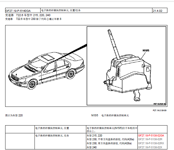 2004年奔驰S350波箱换挡智能模块部件位置