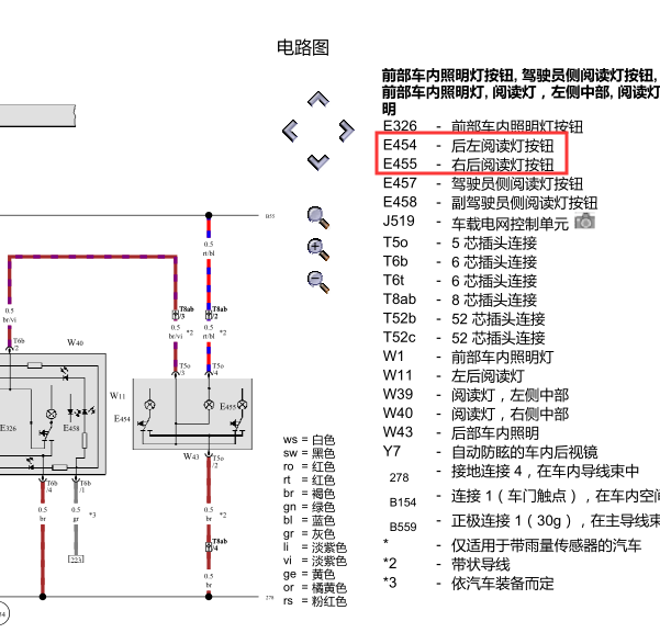 大众迈腾室内后部顶灯线路图