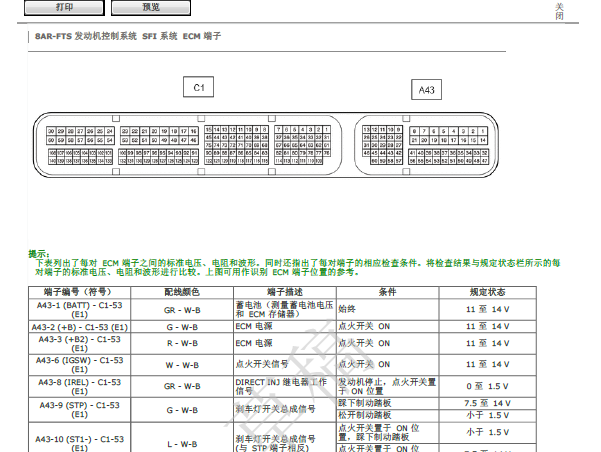 丰田汉兰达8AR发动机针脚资料