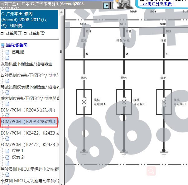 2009年本田雅阁换挡电磁阀线路图