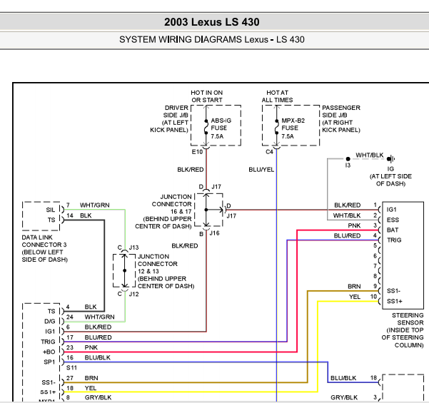 2003年雷克萨斯LS430伸缩方向盘电路图