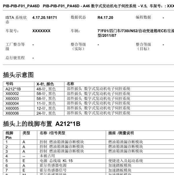 2011年宝马730LI 底盘F01发动机电脑针脚定义图