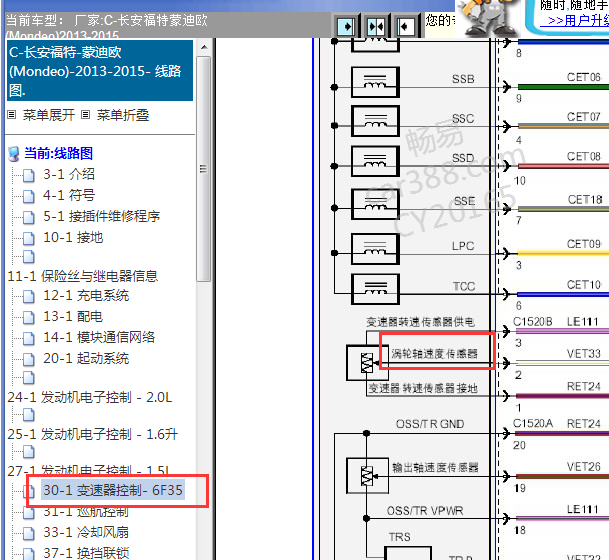 2014年福特蒙迪欧涡轮机/输入轴速度传感器电路图