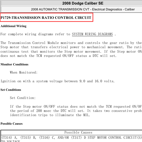 2008年道奇酷博故障码P1729解析