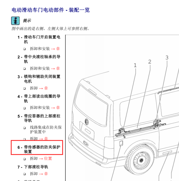2015年大众迈特威电动滑门防夹传感器位置图