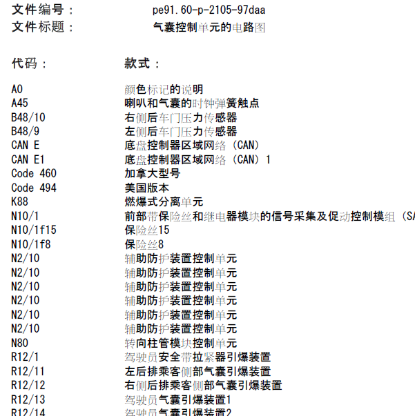 2015年奔驰E180气囊控制单元的电路图