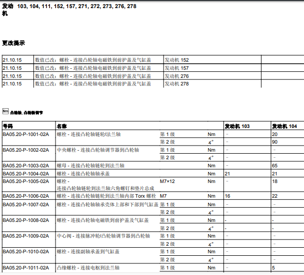 奔驰271860发动机技术参数及螺丝扭力参数表