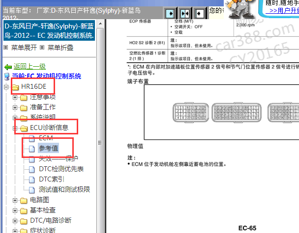 2012年东风日产轩逸发动机针脚资料