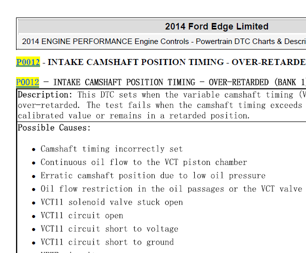 2014年福特锐界P0012故障码资料